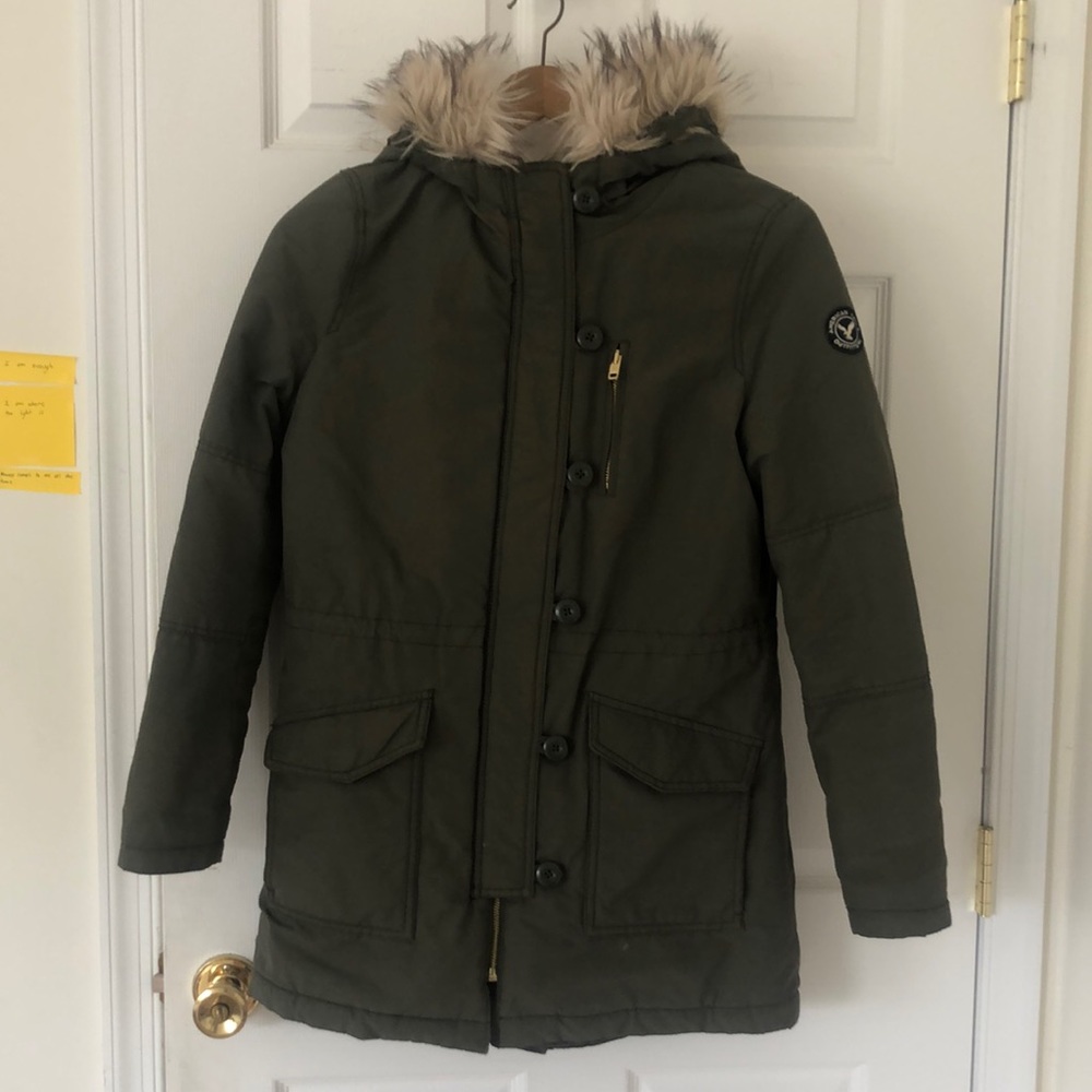 AEO Dark Green Parka with Removable Fur Hood